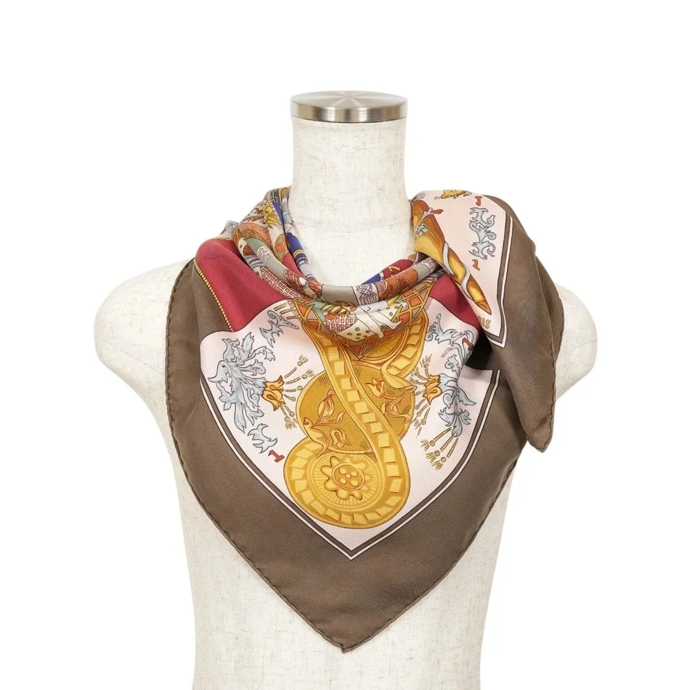 Hermès‎ Le Tarot 90cm Silk Scarf Annie Faivre Brown Gold Vintage Carre w/ Box